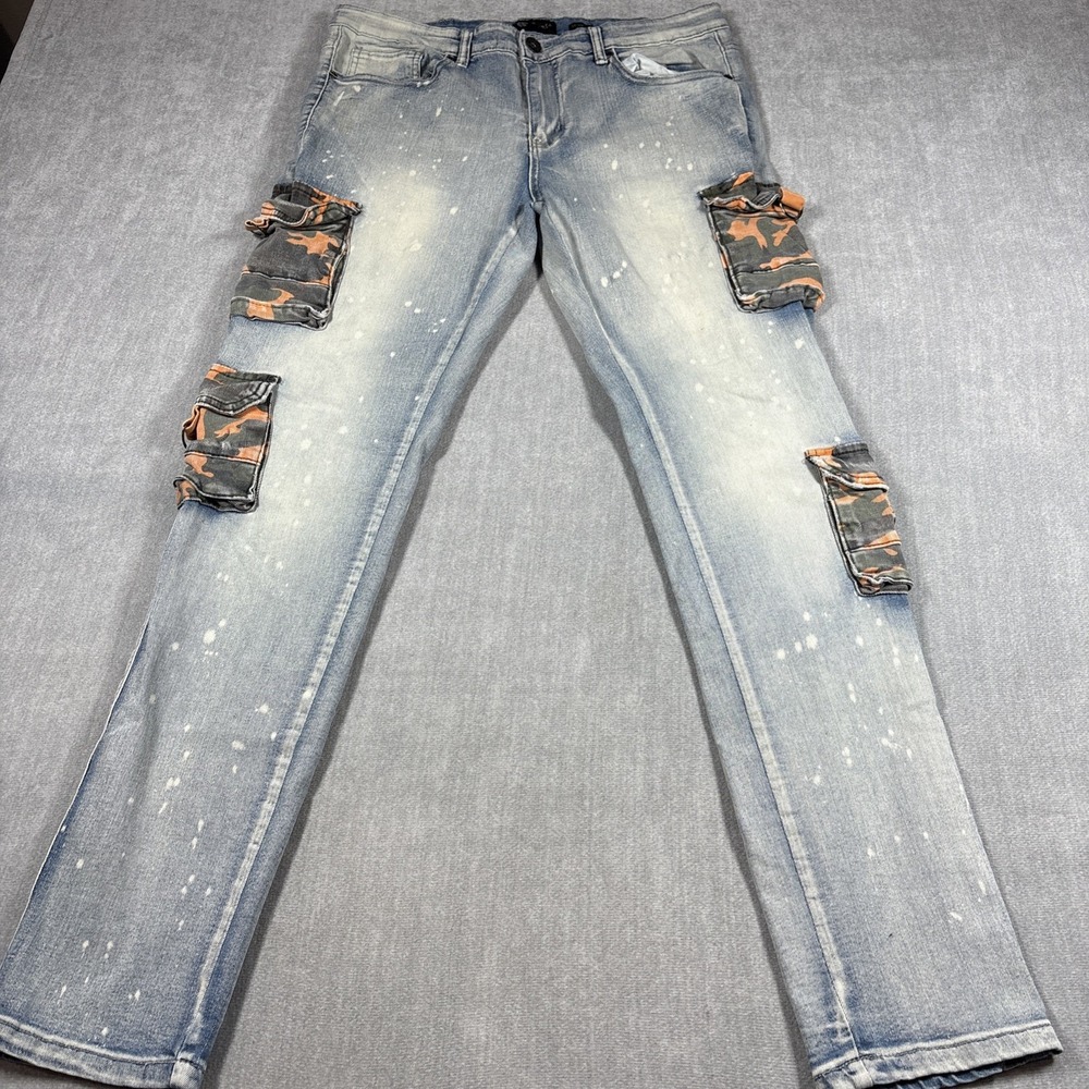 WAIMEA Womens Skinny Fit Jeans 34x32 Camo Cargo Pockets Acid Wash Stretch Denim